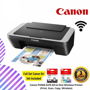 Canon PIXMA E470 All-In-One Wireless Printer (Print, Scan, Copy, Wireless) Ink Black & Color Included