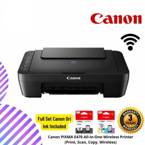 Canon PIXMA E470 All-In-One Wireless Printer (Print, Scan, Copy, Wireless) Ink Black & Color Included