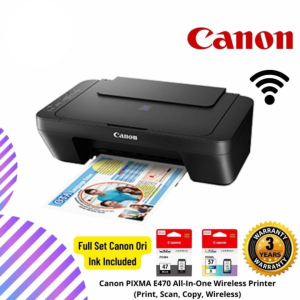 Canon PIXMA E470 All-In-One Wireless Printer (Print, Scan, Copy, Wireless) Ink Black & Color Included