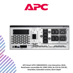 APC Smart-UPS X SMX3000HV, Line Interactive, 3kVA, Rack/tower convertible 4U, 208V-230V, 8x C13+2x C19 IEC, SmartSlot, Extended runtime, Short depth