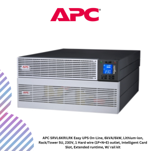 APC SRVL6KRILRK Easy UPS On-Line, 6kVA/6kW, Lithium-ion, Rack/Tower 5U, 230V, 1 Hard wire (1P+N+E) outlet, Intelligent Card Slot, Extended runtime, W/ rail kit