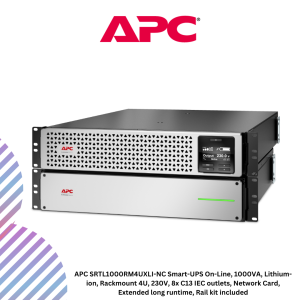 APC SRTL1000RM4UXLI-NC Smart-UPS On-Line, 1000VA, Lithium-ion, Rackmount 4U, 230V, 8x C13 IEC outlets, Network Card, Extended long runtime, Rail kit included