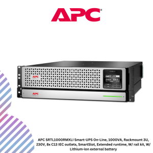 APC SRTL1000RMXLI Smart-UPS On-Line, 1000VA, Rackmount 3U, 230V, 8x C13 IEC outlets, SmartSlot, Extended runtime, W/ rail kit, W/ Lithium-ion external battery
