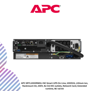 APC SRTL1000RMXLI-NC Smart-UPS On-Line, 1000VA, Lithium-ion, Rackmount 3U, 230V, 8x C13 IEC outlets, Network Card, Extended runtime, W/ rail kit