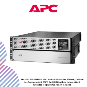 APC SRTL1500RM4UXLI-NC Smart-UPS On-Line, 1500VA, Lithium-ion, Rackmount 4U, 230V, 8x C13 IEC outlets, Network Card, Extended long runtime, Rail kit included