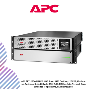 APC SRTL2200RM4UXLI-NC Smart-UPS On-Line, 2200VA, Lithium-ion, Rackmount 4U, 230V, 6x C13+2x C19 IEC outlets, Network Card, Extended long runtime, Rail kit included