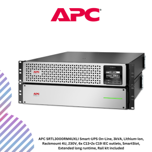 APC SRTL3000RM4UXLI Smart-UPS On-Line, 3kVA, Lithium-ion, Rackmount 4U, 230V, 6x C13+2x C19 IEC outlets, SmartSlot, Extended long runtime, Rail kit included