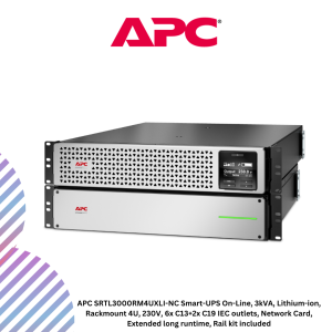 APC SRTL3000RM4UXLI-NC Smart-UPS On-Line, 3kVA, Lithium-ion, Rackmount 4U, 230V, 6x C13+2x C19 IEC outlets, Network Card, Extended long runtime, Rail kit included