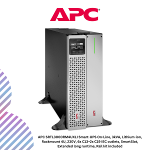 APC SRTL3000RM4UXLI Smart-UPS On-Line, 3kVA, Lithium-ion, Rackmount 4U, 230V, 6x C13+2x C19 IEC outlets, SmartSlot, Extended long runtime, Rail kit included