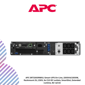 APC SRT1500RMXLI Smart-UPS On-Line, 1500VA/1500W, Rackmount 2U, 230V, 6x C13 IEC outlets, SmartSlot, Extended runtime, W/ rail kit