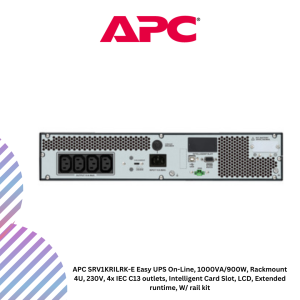 inc (21) APC SRV1KRILRK-E Easy UPS On-Line, 1000VA/900W, Rackmount 4U, 230V, 4x IEC C13 outlets, Intelligent Card Slot, LCD, Extended runtime, W/ rail kit