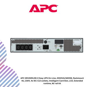 APC SRV2KRILRK-E Easy UPS On-Line, 2000VA/1800W, Rackmount 4U, 230V, 4x IEC C13 outlets, Intelligent Card Slot, LCD, Extended runtime, W/ rail kit