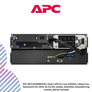 APC SRTL1000RM4UXLI Smart-UPS On-Line, 1000VA, Lithium-ion, Rackmount 4U, 230V, 8x C13 IEC outlets, SmartSlot, Extended long runtime, Rail kit included