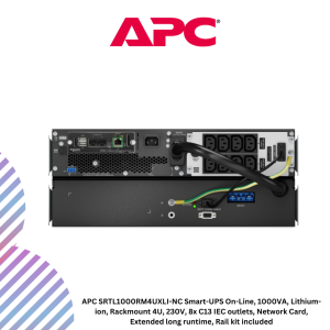 APC SRTL1000RM4UXLI-NC Smart-UPS On-Line, 1000VA, Lithium-ion, Rackmount 4U, 230V, 8x C13 IEC outlets, Network Card, Extended long runtime, Rail kit included