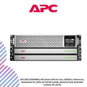 APC SRTL1000RMXLI-NC Smart-UPS On-Line, 1000VA, Lithium-ion, Rackmount 3U, 230V, 8x C13 IEC outlets, Network Card, Extended runtime, W/ rail kit