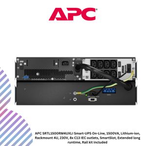 APC SRTL1500RM4UXLI Smart-UPS On-Line, 1500VA, Lithium-ion, Rackmount 4U, 230V, 8x C13 IEC outlets, SmartSlot, Extended long runtime, Rail kit included