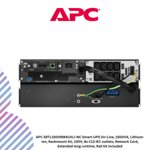 APC SRTL1500RM4UXLI-NC Smart-UPS On-Line, 1500VA, Lithium-ion, Rackmount 4U, 230V, 8x C13 IEC outlets, Network Card, Extended long runtime, Rail kit included