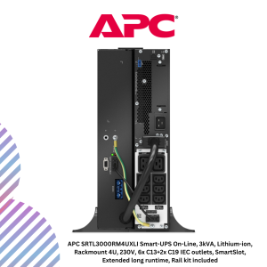 APC SRTL3000RM4UXLI Smart-UPS On-Line, 3kVA, Lithium-ion, Rackmount 4U, 230V, 6x C13+2x C19 IEC outlets, SmartSlot, Extended long runtime, Rail kit included
