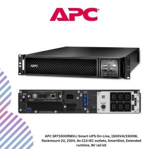 APC SRT1500RMXLI Smart-UPS On-Line, 1500VA/1500W, Rackmount 2U, 230V, 6x C13 IEC outlets, SmartSlot, Extended runtime, W/ rail kit