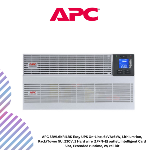 APC SRVL6KRILRK Easy UPS On-Line, 6kVA/6kW, Lithium-ion, Rack/Tower 5U, 230V, 1 Hard wire (1P+N+E) outlet, Intelligent Card Slot, Extended runtime, W/ rail kit