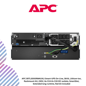 APC SRTL3000RM4UXLI Smart-UPS On-Line, 3kVA, Lithium-ion, Rackmount 4U, 230V, 6x C13+2x C19 IEC outlets, SmartSlot, Extended long runtime, Rail kit included