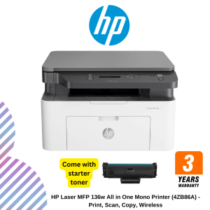HP Laser MFP 136w All in One Mono Printer (4ZB86A) - Print, Scan, Copy, Wireless