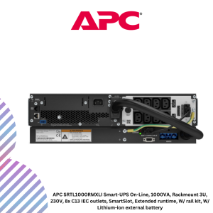 APC SRTL1000RMXLI Smart-UPS On-Line, 1000VA, Rackmount 3U, 230V, 8x C13 IEC outlets, SmartSlot, Extended runtime, W/ rail kit, W/ Lithium-ion external battery
