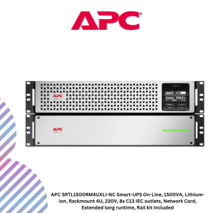 APC SRTL1500RM4UXLI-NC Smart-UPS On-Line, 1500VA, Lithium-ion, Rackmount 4U, 230V, 8x C13 IEC outlets, Network Card, Extended long runtime, Rail kit included