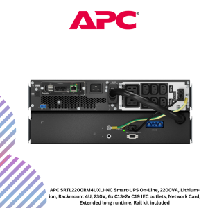 APC SRTL2200RM4UXLI-NC Smart-UPS On-Line, 2200VA, Lithium-ion, Rackmount 4U, 230V, 6x C13+2x C19 IEC outlets, Network Card, Extended long runtime, Rail kit included