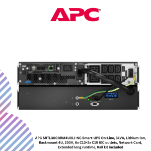 APC SRTL3000RM4UXLI-NC Smart-UPS On-Line, 3kVA, Lithium-ion, Rackmount 4U, 230V, 6x C13+2x C19 IEC outlets, Network Card, Extended long runtime, Rail kit included