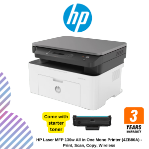 HP Laser MFP 136w All in One Mono Printer (4ZB86A) - Print, Scan, Copy, Wireless
