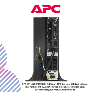APC SRTL1500RM4UXLI-NC Smart-UPS On-Line, 1500VA, Lithium-ion, Rackmount 4U, 230V, 8x C13 IEC outlets, Network Card, Extended long runtime, Rail kit included