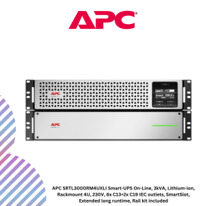 APC SRTL3000RM4UXLI Smart-UPS On-Line, 3kVA, Lithium-ion, Rackmount 4U, 230V, 6x C13+2x C19 IEC outlets, SmartSlot, Extended long runtime, Rail kit included