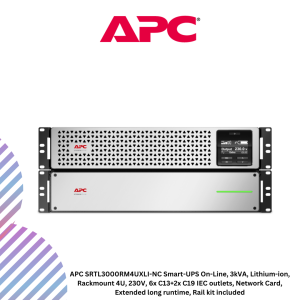 APC SRTL3000RM4UXLI-NC Smart-UPS On-Line, 3kVA, Lithium-ion, Rackmount 4U, 230V, 6x C13+2x C19 IEC outlets, Network Card, Extended long runtime, Rail kit included
