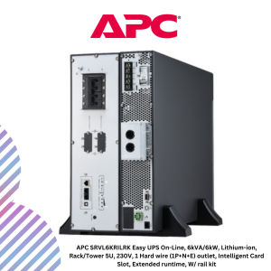 APC SRVL6KRILRK Easy UPS On-Line, 6kVA/6kW, Lithium-ion, Rack/Tower 5U, 230V, 1 Hard wire (1P+N+E) outlet, Intelligent Card Slot, Extended runtime, W/ rail kit