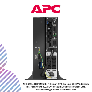 APC SRTL1000RM4UXLI-NC Smart-UPS On-Line, 1000VA, Lithium-ion, Rackmount 4U, 230V, 8x C13 IEC outlets, Network Card, Extended long runtime, Rail kit included