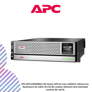 APC SRTL1000RMXLI-NC Smart-UPS On-Line, 1000VA, Lithium-ion, Rackmount 3U, 230V, 8x C13 IEC outlets, Network Card, Extended runtime, W/ rail kit
