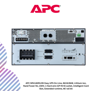 APC SRVL6KRILRK Easy UPS On-Line, 6kVA/6kW, Lithium-ion, Rack/Tower 5U, 230V, 1 Hard wire (1P+N+E) outlet, Intelligent Card Slot, Extended runtime, W/ rail kit