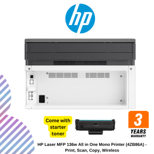 HP Laser MFP 136w All in One Mono Printer (4ZB86A) - Print, Scan, Copy, Wireless