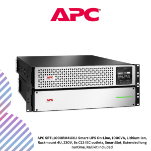 APC SRTL1000RM4UXLI Smart-UPS On-Line, 1000VA, Lithium-ion, Rackmount 4U, 230V, 8x C13 IEC outlets, SmartSlot, Extended long runtime, Rail kit included