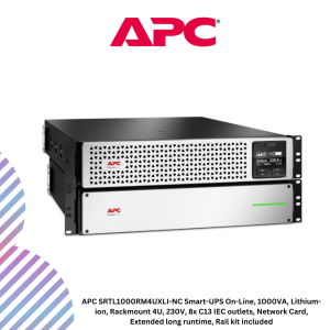 APC SRTL1000RM4UXLI-NC Smart-UPS On-Line, 1000VA, Lithium-ion, Rackmount 4U, 230V, 8x C13 IEC outlets, Network Card, Extended long runtime, Rail kit included