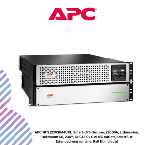 APC SRTL2200RM4UXLI Smart-UPS On-Line, 2200VA, Lithium-ion, Rackmount 4U, 230V, 6x C13+2x C19 IEC outlets, SmartSlot, Extended long runtime, Rail kit included