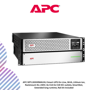 APC SRTL3000RM4UXLI Smart-UPS On-Line, 3kVA, Lithium-ion, Rackmount 4U, 230V, 6x C13+2x C19 IEC outlets, SmartSlot, Extended long runtime, Rail kit included