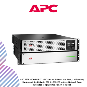 APC SRTL3000RM4UXLI-NC Smart-UPS On-Line, 3kVA, Lithium-ion, Rackmount 4U, 230V, 6x C13+2x C19 IEC outlets, Network Card, Extended long runtime, Rail kit included