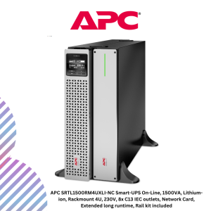 APC SRTL1500RM4UXLI-NC Smart-UPS On-Line, 1500VA, Lithium-ion, Rackmount 4U, 230V, 8x C13 IEC outlets, Network Card, Extended long runtime, Rail kit included