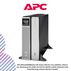 APC SRTL2200RM4UXLI-NC Smart-UPS On-Line, 2200VA, Lithium-ion, Rackmount 4U, 230V, 6x C13+2x C19 IEC outlets, Network Card, Extended long runtime, Rail kit included