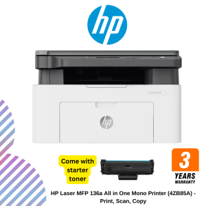 HP Laser MFP 136a All in One Mono Printer (4ZB85A) - Print, Scan, Copy