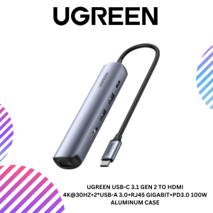 UGREEN USB-C 3.1 GEN 2 TO HDMI 4K@30HZ+2*USB-A 3.0+RJ45 GIGABIT+PD3.0 100W ALUMINUM CASE
