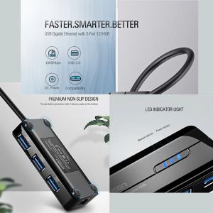 UGREEN USB-A 3.0 TO 3*USB-A 3.0 HUB + RJ45 GIGABIT (BLACK)
