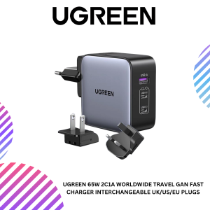 UGREEN 65W 2C1A WORLDWIDE TRAVEL GAN FAST CHARGER INTERCHANGEABLE UK/US/EU PLUGS